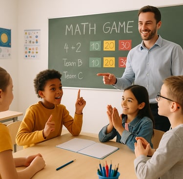 Profesor aplicando gamificación en una clase de matemáticas con niños, realizando un juego de equipos frente al pizarrón, don