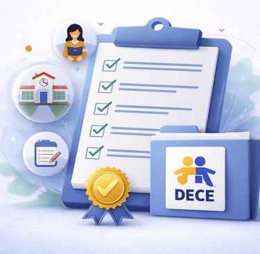  un portapapeles con lista de verificación y carpeta DECE, representando estándares educativos en una institución