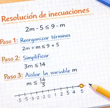 Resolución paso a paso de una inecuación escrita en un cuaderno cuadriculado, con procedimiento y recta numérica