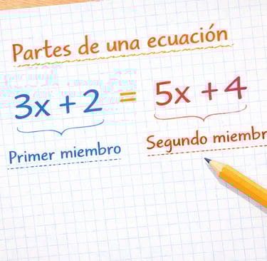 Ejemplo de las partes de una ecuación escrito en un cuaderno cuadriculado, mostrando primer y segundo miembro