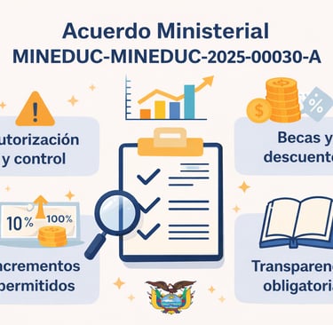 Imagen destacada del Acuerdo Ministerial MINEDUC-MINEDUC-2025-00030-A sobre la regulación de pensiones y matrículas en instit