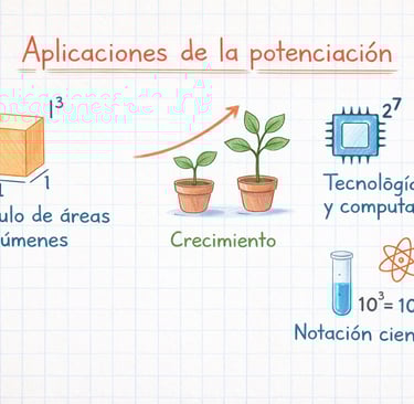 Ilustración tipo cuaderno cuadriculado que muestra aplicaciones de la potenciación en áreas y volúmenes, crecimiento, tecnolo