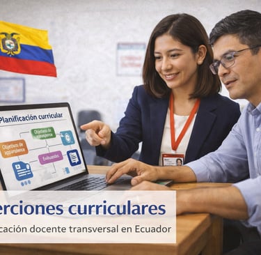 Docentes planificando inserciones curriculares en una computadora portátil, revisando una planificación en un aula