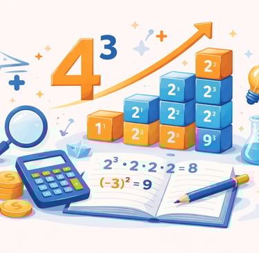 Ilustración educativa que representa la potenciación mediante bloques apilados, crecimiento progresivo y símbolos matemáticos