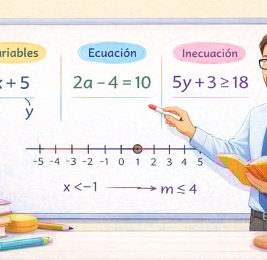 Profesor explicando matemáticas en una pizarra, señalando expresiones algebraicas y una recta numérica en el aula