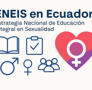 Ilustración sobre la ENEIS en Ecuador con iconos de educación, derechos, género y convivencia, destacando la Estrategia Nacio