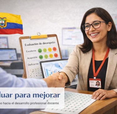 Docente participando en un proceso de evaluación profesional, conversando con directivo en un entorno educativo en Ecuador