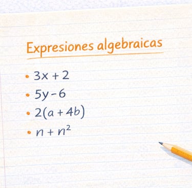 imagen de Ejemplos de expresiones algebraicas escritas en un cuaderno, con letras, números y operaciones matemáticas básicas