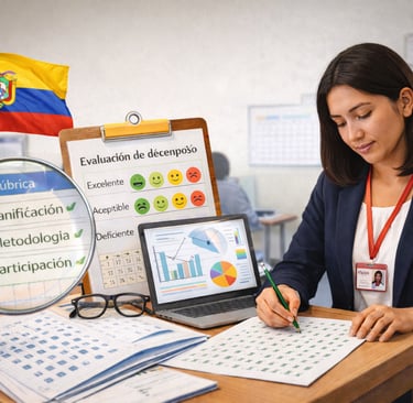 Docente en aula revisando documentos de evaluación profesional en un entorno educativo formal en Ecuador.