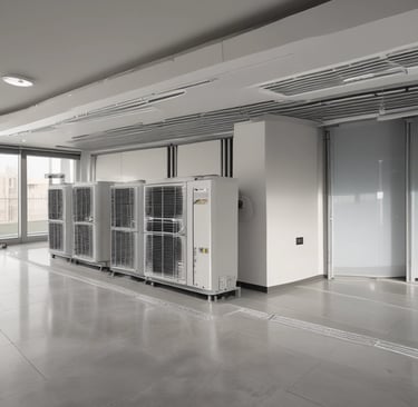 Close-up of a modern refrigeration unit with visible technical details in a warehouse.