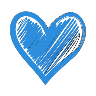 Blue heart drawn with crayons, with visible hand‑drawn texture and sketch marks