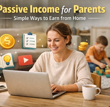 A smiling mother works on a laptop while her children play, exploring passive income for parents from home.