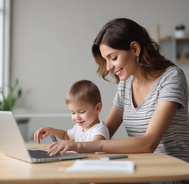 Smiling mother and toddler son using a laptop together at a wooden table while working from home.