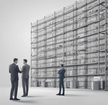 Professional engineers in suits discussing an industrial scaffolding structure for a large building project.
