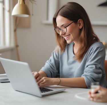 A smiling young woman wearing glasses types on her laptop while working remotely from a bright home office.