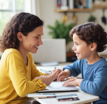 Smiling mother and young son learning together on a laptop computer at home.