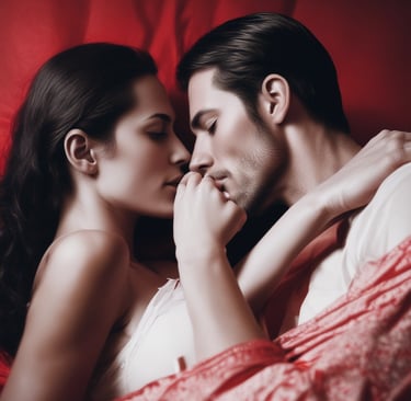 Couple enjoying breakfast in bed in a softly lit hotel room.