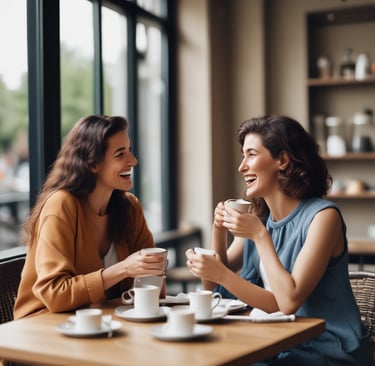 A group of friends over 60 sharing coffee and stories at a cozy café table.