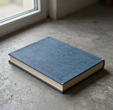 A still life photo of a linen-bound art book lying on a raw concrete floor, soft natural daylight from a side window, muted blue and soft gray palette, archival quality. Global / Contemporary Art.