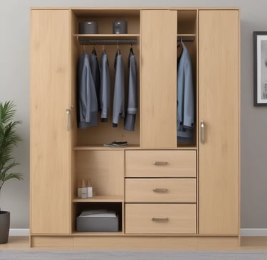 A bright living room featuring fabo’s minimalist modular shelving unit with warm wood finish and integrated lighting