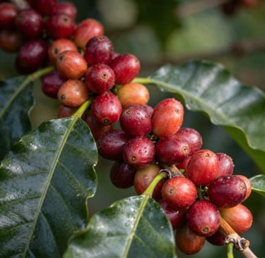 Close-up macro photography of ripe red coffee cherries clusters on a branch with vibrant Moss Green leaves. Soft, natural morning sunlight illuminates the scene in a South American / Latin plantation setting. Elegant and authentic atmosphere.