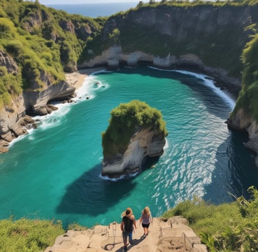 A vibrant sunrise over the iconic Komodo Island with tourists enjoying the view