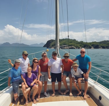 Colorful traditional boats docked at a serene beach in Labuan Bajo during sunset