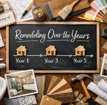 Flat lay of home remodeling planning over time, showing a renovation timeline, saving
