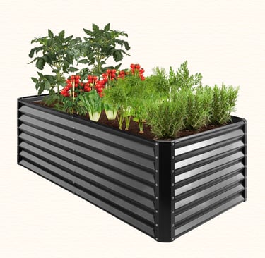 Outdoor metal raised garden bed filled with fresh vegetables in a backyard garden.