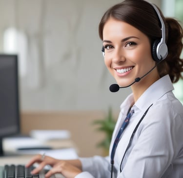 A friendly office receptionist answering a phone call with a smile.