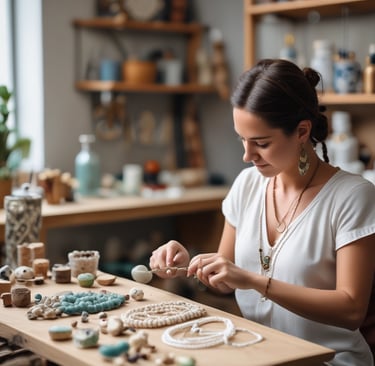 mujer creando joyas artesanales con piedras y materiales naturales en macrame