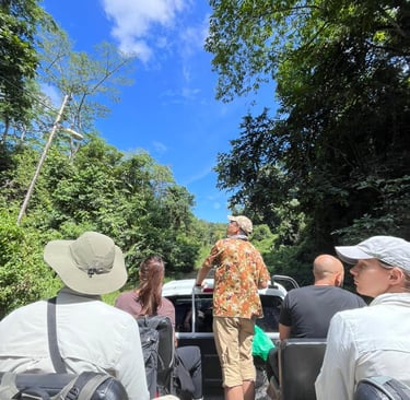 a group of people inside safari car looking for wildlife