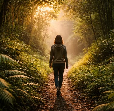 Uma mulher caminhando em uma trilha de floresta iluminada pelo sol, cercada por exuberantes samambai