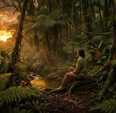 Uma pessoa sentada à beira de um rio em uma exuberante floresta tropical ao pôr do sol.