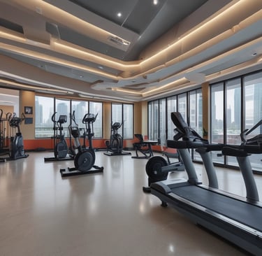 A sleek gym interior with state-of-the-art equipment and floor-to-ceiling windows overlooking Dubai’s skyline.