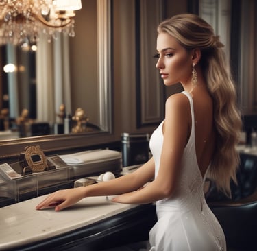 A stylish salon chair with a professional stylist preparing premium hair care products.