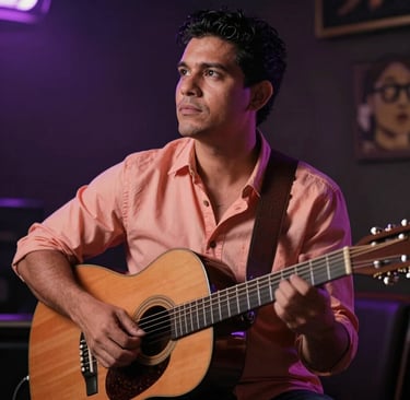 A soulful portrait of a South American / Venezuelan male singer with an acoustic guitar, looking thoughtfully away from the camera. The setting is an intimate, dimly lit music venue in Maracay. The lighting features warm salmon and muted purple tones against a dark background, creating a sophisticated and contemporary atmosphere.
