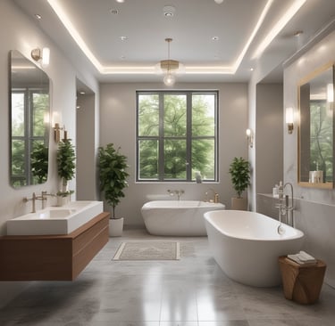 A janitorial staff member mopping the floor of a spacious office lobby.