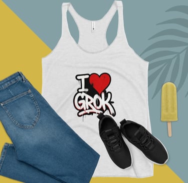 White I Love Grok tank top paired with blue jeans and black sneakers on a yellow and teal background.