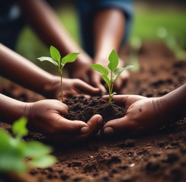 Hands gently spreading organic compost over a garden bed filled with young plants.