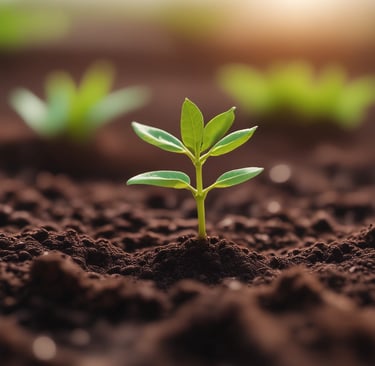 Close-up of rich, dark soil being enriched with natural fertilizer granules under soft sunlight.