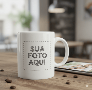 Customizable white ceramic coffee mug on a wooden table with coffee beans and a digital tablet.