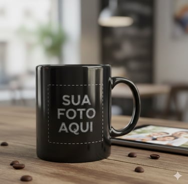 Customizable black ceramic coffee mug on a wooden table with coffee beans and a digital tablet.