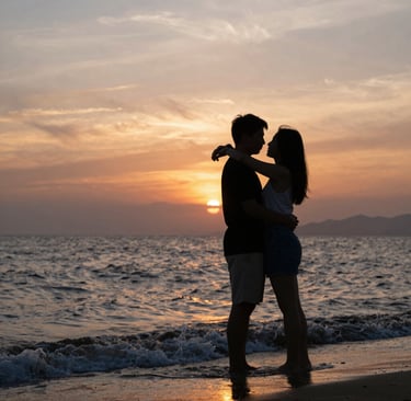 An intimate portrait of a couple sharing a quiet, candid moment against a blurred city backdrop.