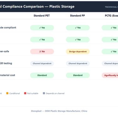 Material compliance comparison table: PET, PP, PCTG food-grade, BPA-free, dishwasher-safe ratings