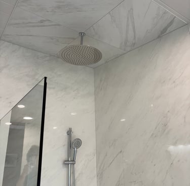 Modern luxury walk-in shower featuring 5' x 10' porcelain slabs and large format tiles on ceiling..