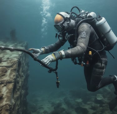 Underwater view of a ship's cargo hold being meticulously cleaned by a diver in full gear