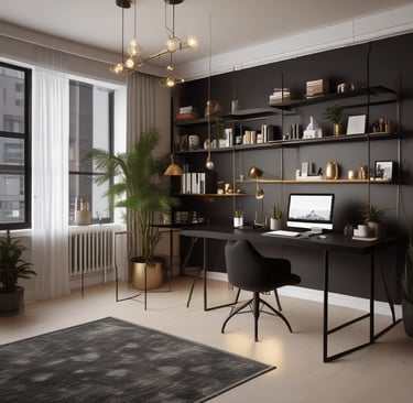 A sleek black and gold themed workspace with elegant lighting and a minimalist design reflecting a premium creative studio ambiance.