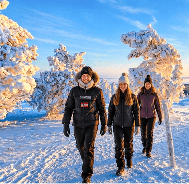 Guests walking among snow-covered trees during a guided tour in Riisitunturi National Park, Finnish Lapland.