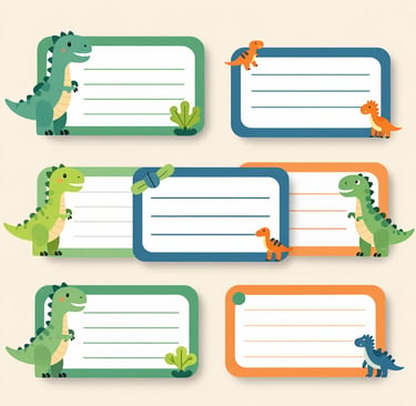 A bright, playful school label design featuring colorful geometric shapes.